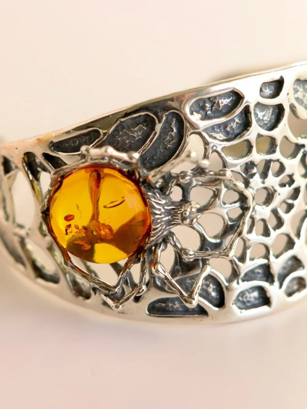 Baltic Amber Cuff Bracelet- Sterling Silver Spiderweb Design